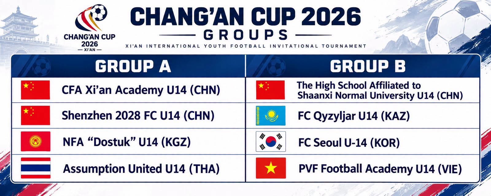 โปรแกรมการแข่งขันฟุตบอล ฉางอัน คัพ 2026 ที่ เมืองซีอาน ประเทศจีน 